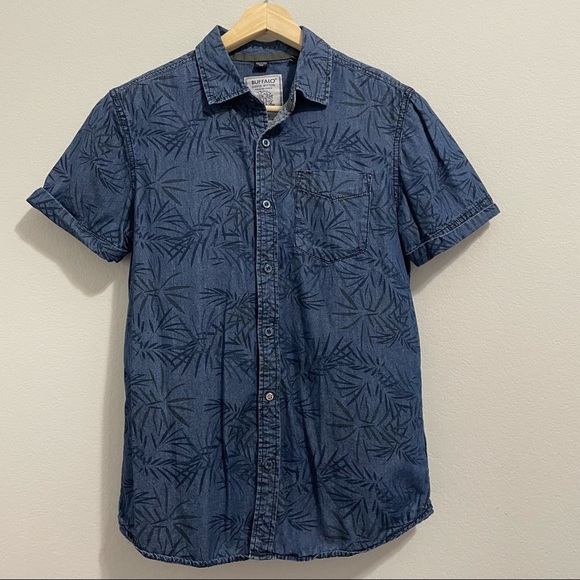 Buffalo David Bitton Shirt Button Down Collared Cotton Palm Chambray Print Men S - Picture 12 of 13